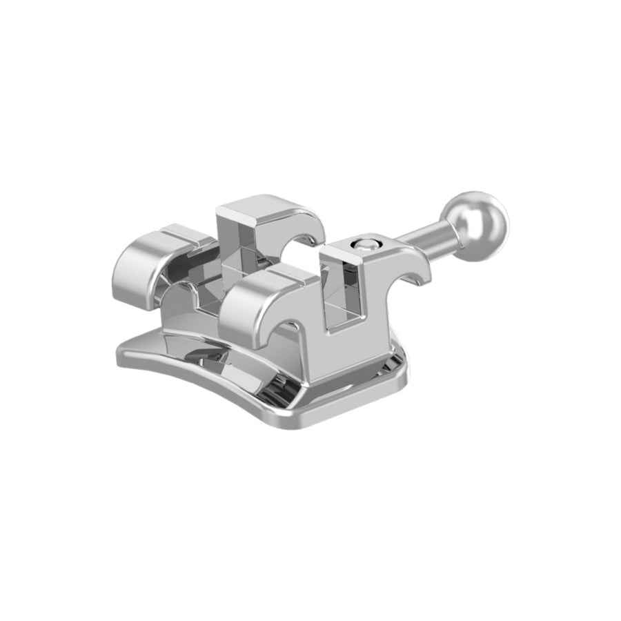 Vintera Mini Metallbracket mit Haken – schräge Vorderansicht mit Slot und Ligaturflügeln – Beispielabbildung