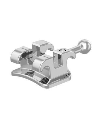 Vintera Mini Metallbracket mit Haken – schräge Vorderansicht mit Slot und Ligaturflügeln – Beispielabbildung