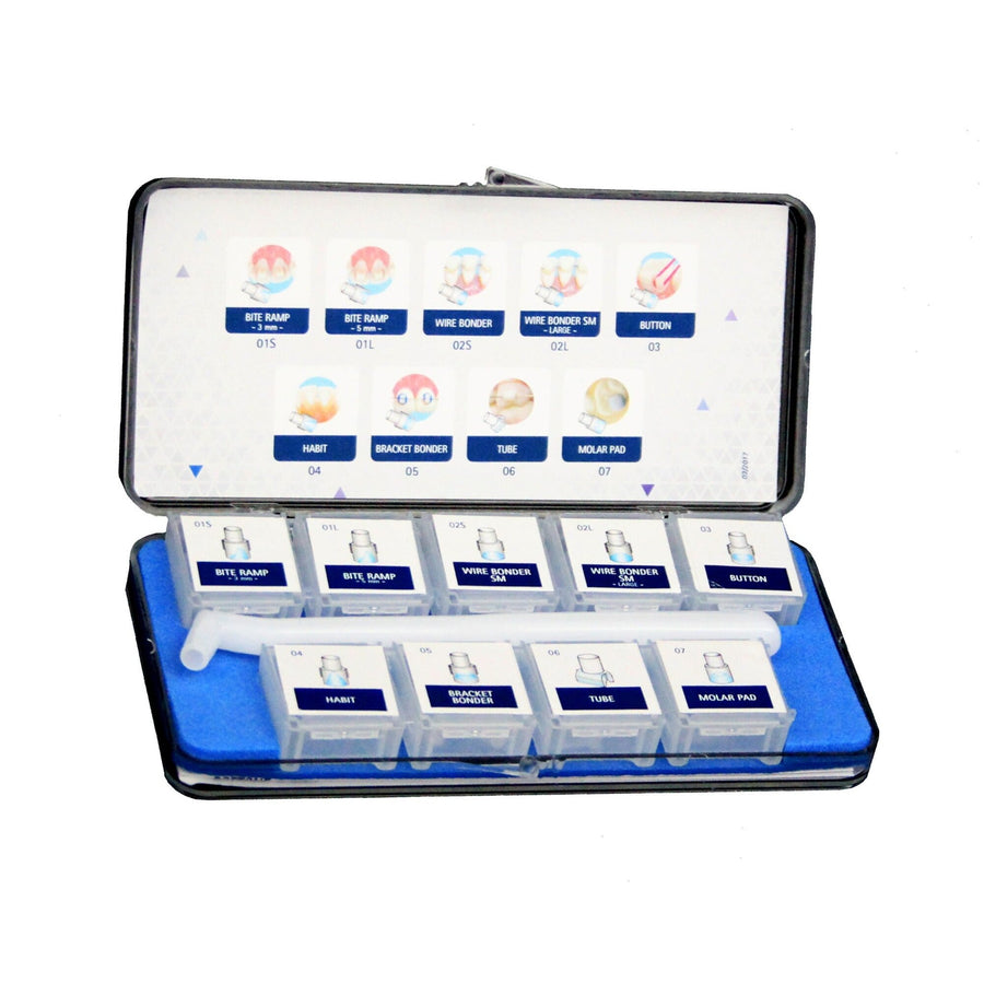 SIA Mini Mold Kit FC-MMKIT – geöffnete Sortimentsbox mit neun Formen und Applikationshalter